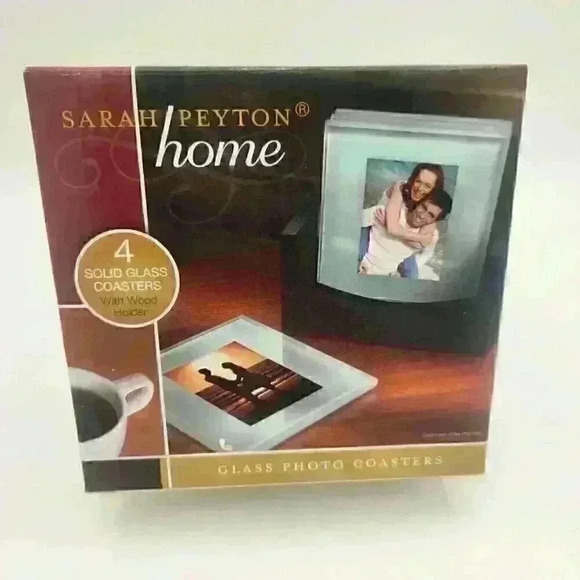 Set of 4 Frosted Glass Photo Coasters with Wood Stand by Sarah Peyton Home - Picture 5 of 14